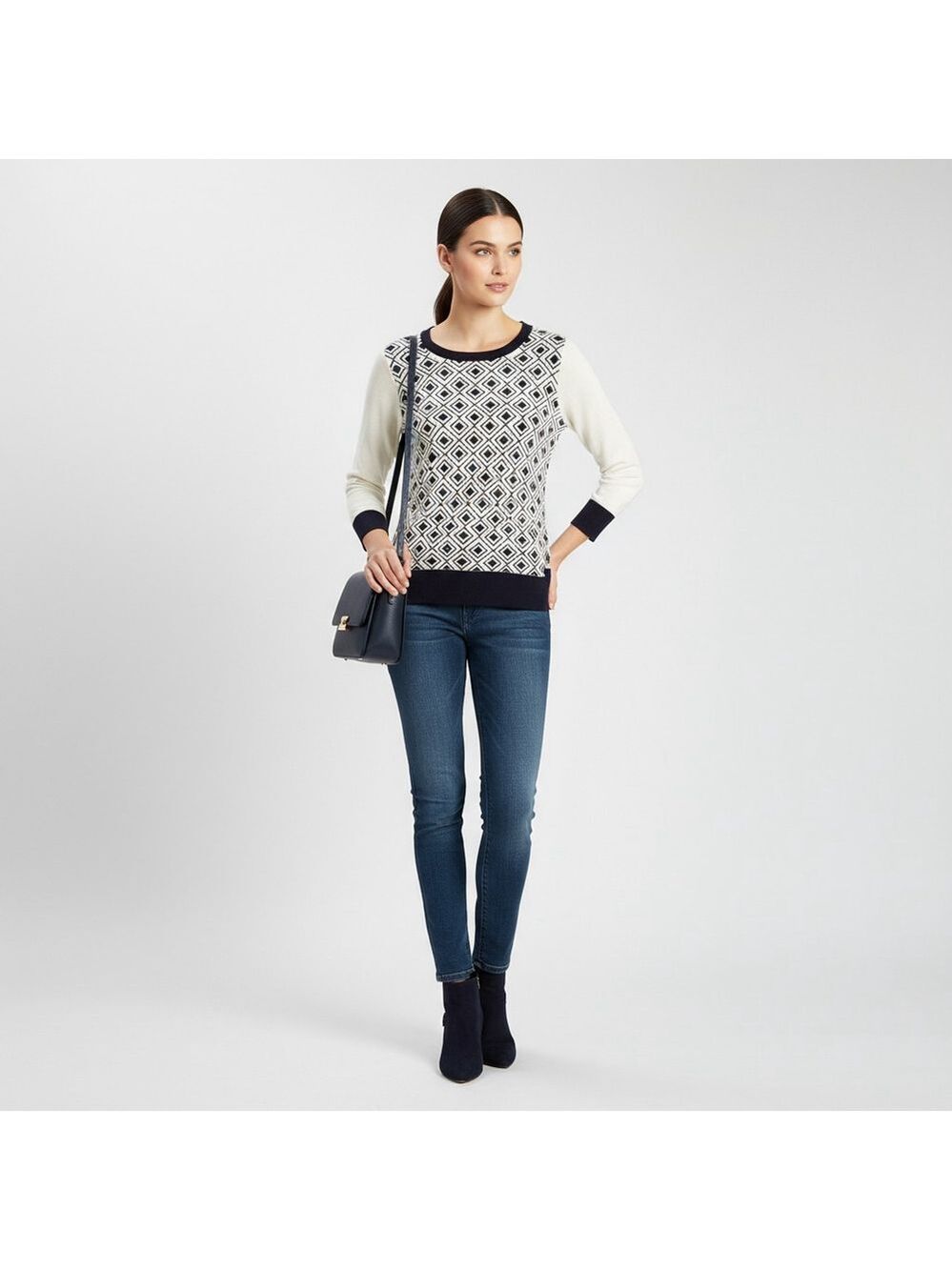 Merona Cream/Navy Diamond Print Crew Neck Pullover Sweater M NWT